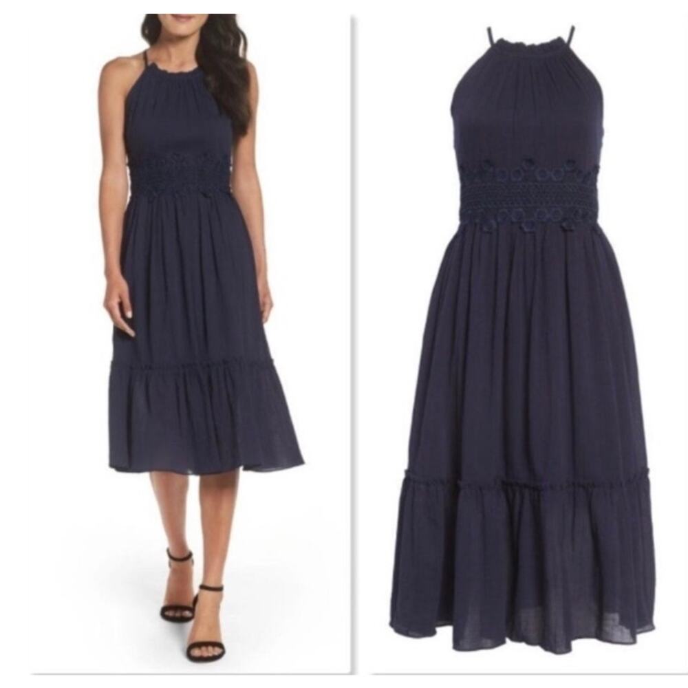 NWT  Eliza J Boho Cotton Halter Dress Navy Blue Size 16 Beach Resortwear Airy